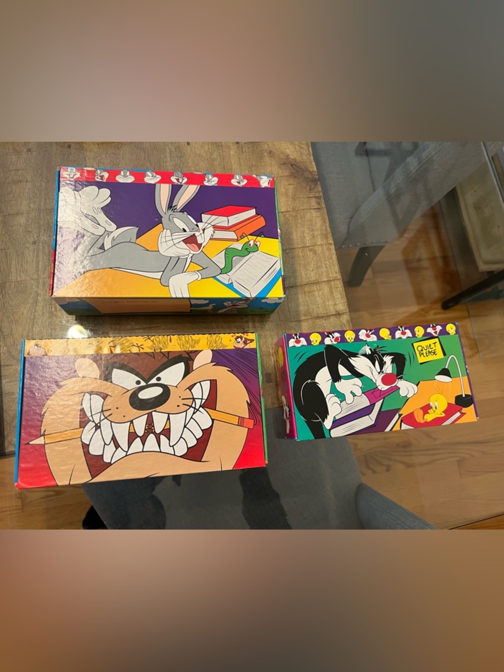 vintage 1990s Looney Tunes cardboard pencil boxes featuring characters